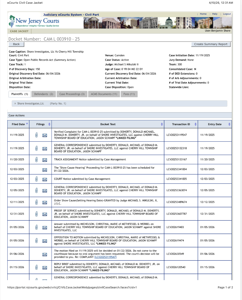 Screenshot of the New Jersey eCourts Civil Case Jacket showing the Shore Investigates v. Cherry Hill Township Board of Education case caption and docket entries.