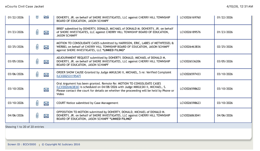 Screenshot of the second page of the eCourts docket showing the motion to consolidate, the oral argument notice, and the opposition filing.