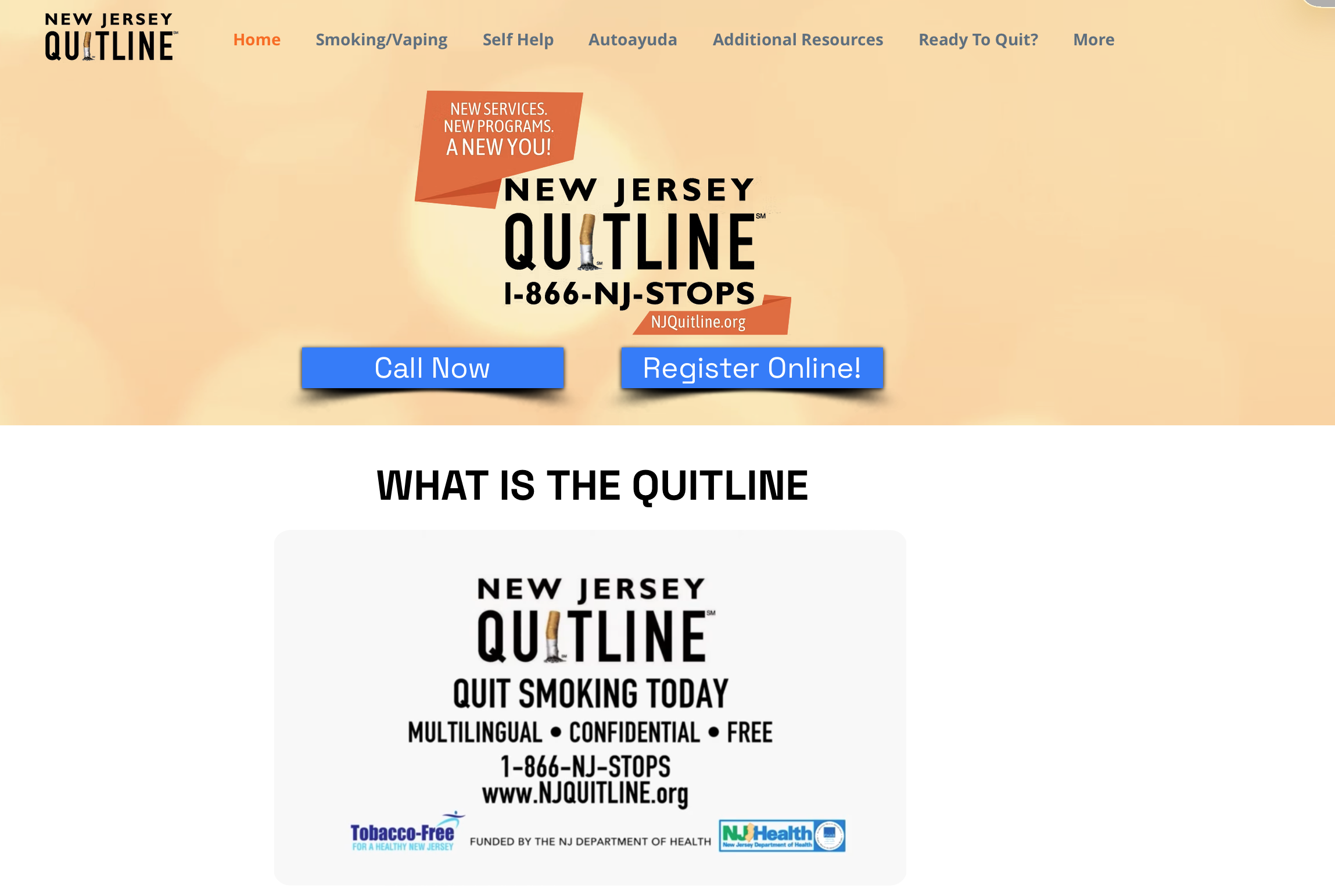 Screenshot of the NJ Quitline webpage showing the “Call Now” button.