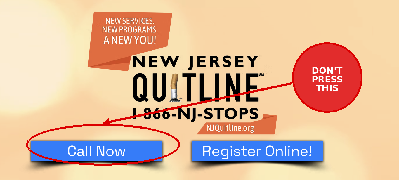 Close-up of the New Jersey Quitline branding with large “Call Now” and “Register Online!” buttons.