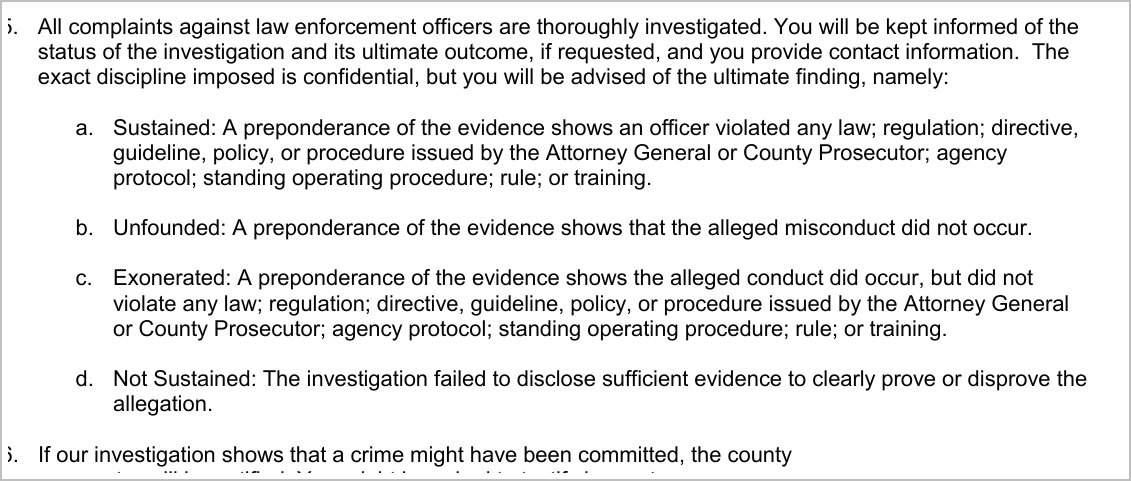 Screenshot defining sustained, unfounded, exonerated, and not sustained findings