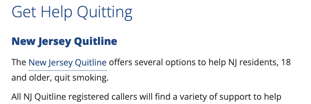 Close-up of the “New Jersey Quitline” section on the NJ Department of Health page.