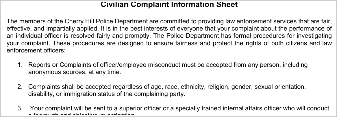 Screenshot of Cherry Hill’s complaint information sheet stating that complaints must be accepted from any person, including anonymous sources
