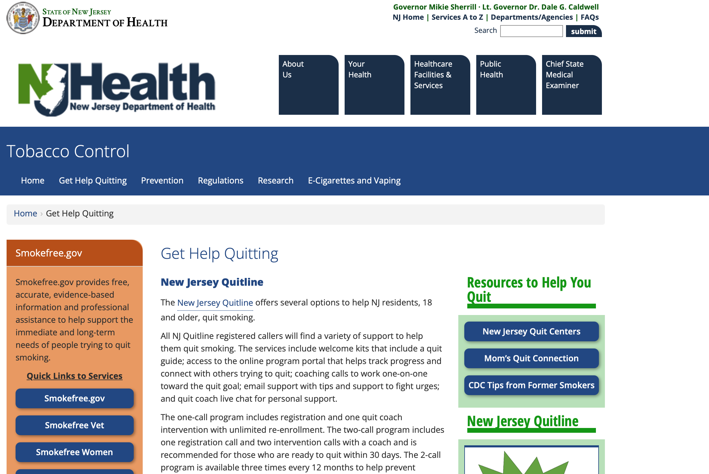 Screenshot of the New Jersey Department of Health Tobacco Control “Get Help Quitting” webpage.