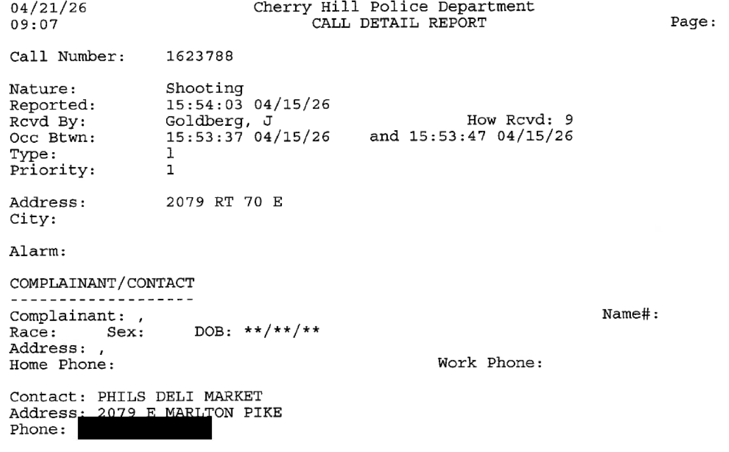 Cherry Hill Police computer-aided dispatch report showing the call nature, reported time, address and Phil's Deli Market contact.